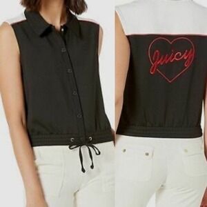 Juicy Couture Women Embroidered Snap Shirt Top Black‎ Medium Y2K Logo